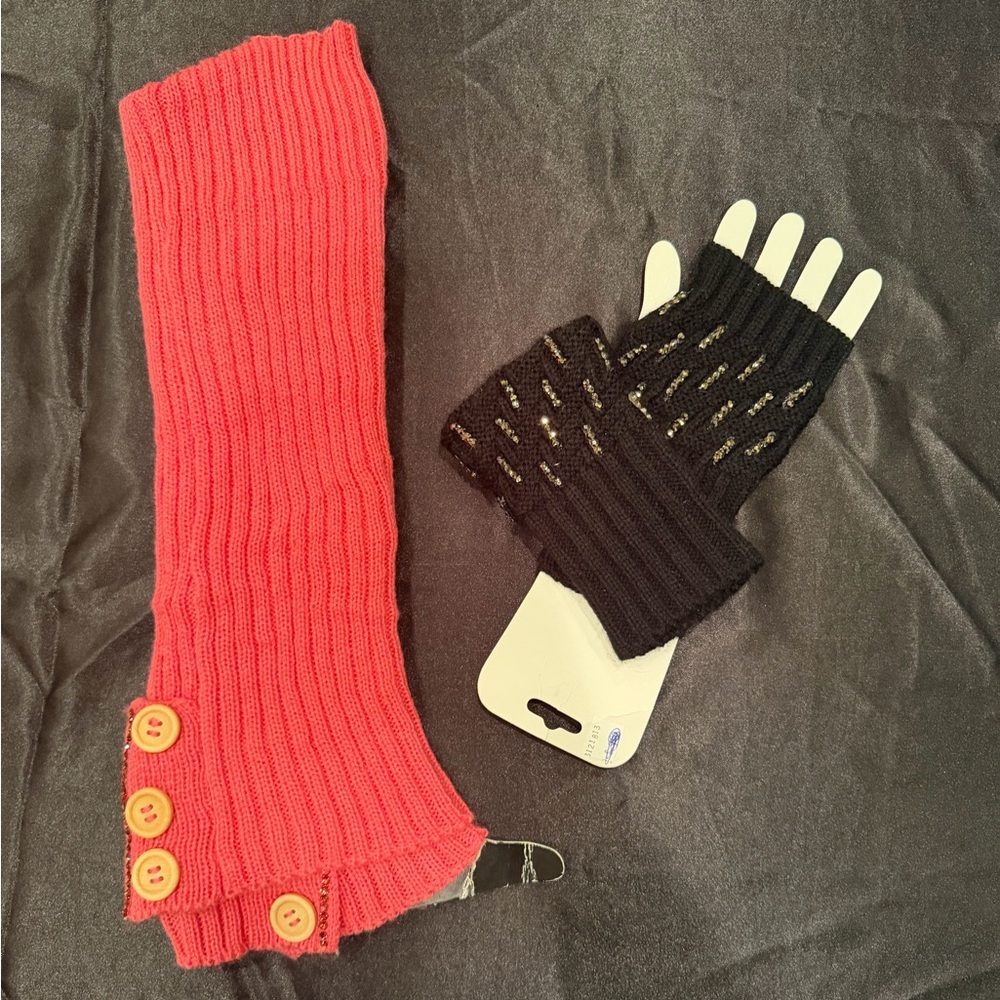 Kids Red Knit Leg Warmers with Buttons and Black Fingerless Gloves